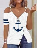 Women Summer Anchor Print Suspender Zipper V-neck T-shirt