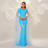 Women long sleeve square neck Formal Party Bodycon sequined fishtail evening dress