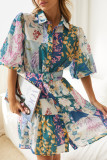 Printed Bohemian lantern short sleeve belt single-breasted a-line dress