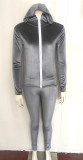 Women Fall and Winter Casual Velvet Hooded Zippered Top Long Pants Two-piece Set