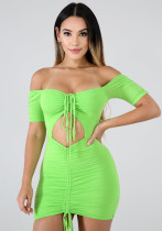 Women Off Shoulder Halter Neck Drawstring Pleated Bodycon Dress