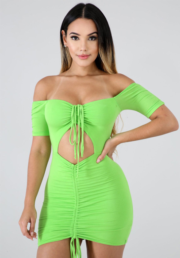 Women Off Shoulder Halter Neck Drawstring Pleated Bodycon Dress