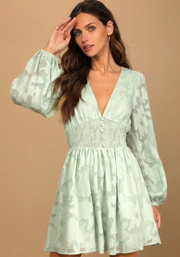 Women's long sleeve Casual V-neck chiffon hollow jacquard a-line dress