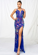 Sleeveless Halter Neck strap Formal Party Sequin Slit Evening Dress