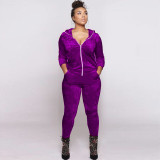 Women Fall and Winter Casual Velvet Hooded Zippered Top Long Pants Two-piece Set