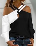 Women Casual color-blocked off-shoulder Halter Neck long-sleeved Top