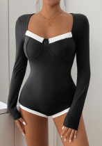 Autumn Chic long-sleeved square neck contrast knitting bodysuit