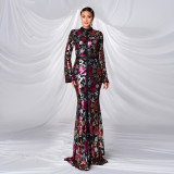 Women long sleeve Round Neck Formal Party sequined fishtail evening dress