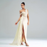 Slash Shoulder Formal Party Sequin Slit Evening Dress