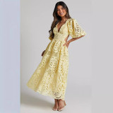 Women's Summer v-neck lace embroidery sexy hollow Waist long dress