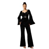 Women long sleeve square neck Bodycon Formal Party sequined Jumpsuit