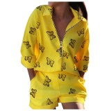 Women printed zipper shirt shorts two-piece set