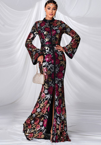 Women long sleeve Round Neck Formal Party sequined fishtail evening dress