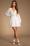 Women's long sleeve Casual V-neck chiffon hollow jacquard a-line dress