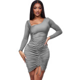 Women drawstring Slash Shoulder Bodycon Dress