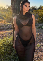 Women Casual beach fun See-Through Mesh hooded sexy Maxi Dress