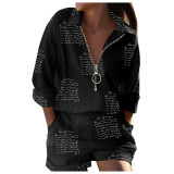 Women printed zipper shirt shorts two-piece set