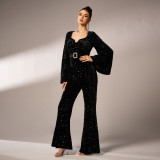 Women long sleeve square neck Bodycon Formal Party sequined Jumpsuit