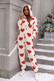 Christmas Women Fall and Winter Heart Print Printed Hooded Jumpsuit