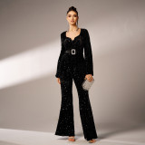 Women long sleeve square neck Bodycon Formal Party sequined Jumpsuit