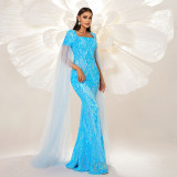 Women long sleeve square neck Formal Party Bodycon sequined fishtail evening dress