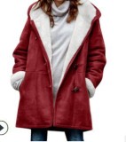 Winter solid color Casual button cardigan warm hooded women's coat