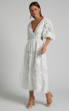 Women's Summer v-neck lace embroidery sexy hollow Waist long dress