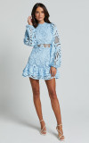 Stand Collar lace lantern long sleeve Slim Waist a-line ruffle dress