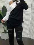Women Casual color-blocked off-shoulder Halter Neck long-sleeved Top