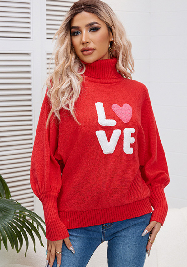 Women red high-neck Bat Sleeves sweater