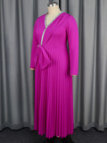 Women autumn and winter diamond v-neck bow party formal party pleated dress