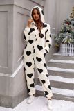 Christmas Women Fall and Winter Heart Print Printed Hooded Jumpsuit