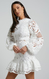 Stand Collar lace lantern long sleeve Slim Waist a-line ruffle dress