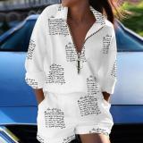 Women printed zipper shirt shorts two-piece set