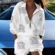 Women printed zipper shirt shorts two-piece set