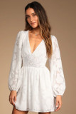 Women's long sleeve Casual V-neck chiffon hollow jacquard a-line dress