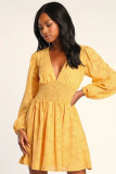 Women's long sleeve Casual V-neck chiffon hollow jacquard a-line dress