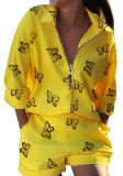 Women printed zipper shirt shorts two-piece set