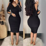 Women Beaded V-neck pleated Bodycon off-shoulder dress
