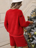 Christmas Women Patchwork Long-sleeved Round Neck Top and Shorts Fur Two-piece Set