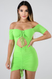 Women Off Shoulder Halter Neck Drawstring Pleated Bodycon Dress