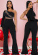 Women one-shoulder long sleeve Beaded Patchwork Bell Bottom Jumpsuit