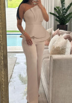 Women Contrast Color Blocking One-shoulder Solid Top and Pant Two-piece Set Women Contrast Color Blocking One-shoulder Solid Top and Pant Two-piece Set