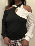 Women Casual color-blocked off-shoulder Halter Neck long-sleeved Top
