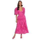 Women's Summer v-neck lace embroidery sexy hollow Waist long dress