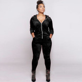 Women Fall and Winter Casual Velvet Hooded Zippered Top Long Pants Two-piece Set