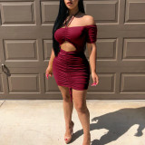 Women Off Shoulder Halter Neck Drawstring Pleated Bodycon Dress