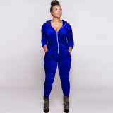Women Fall and Winter Casual Velvet Hooded Zippered Top Long Pants Two-piece Set