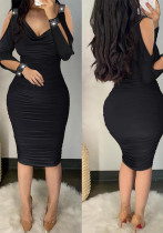 Women Beaded V-neck pleated Bodycon off-shoulder dress