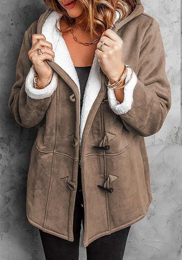 Winter solid color Casual button cardigan warm hooded women's coat